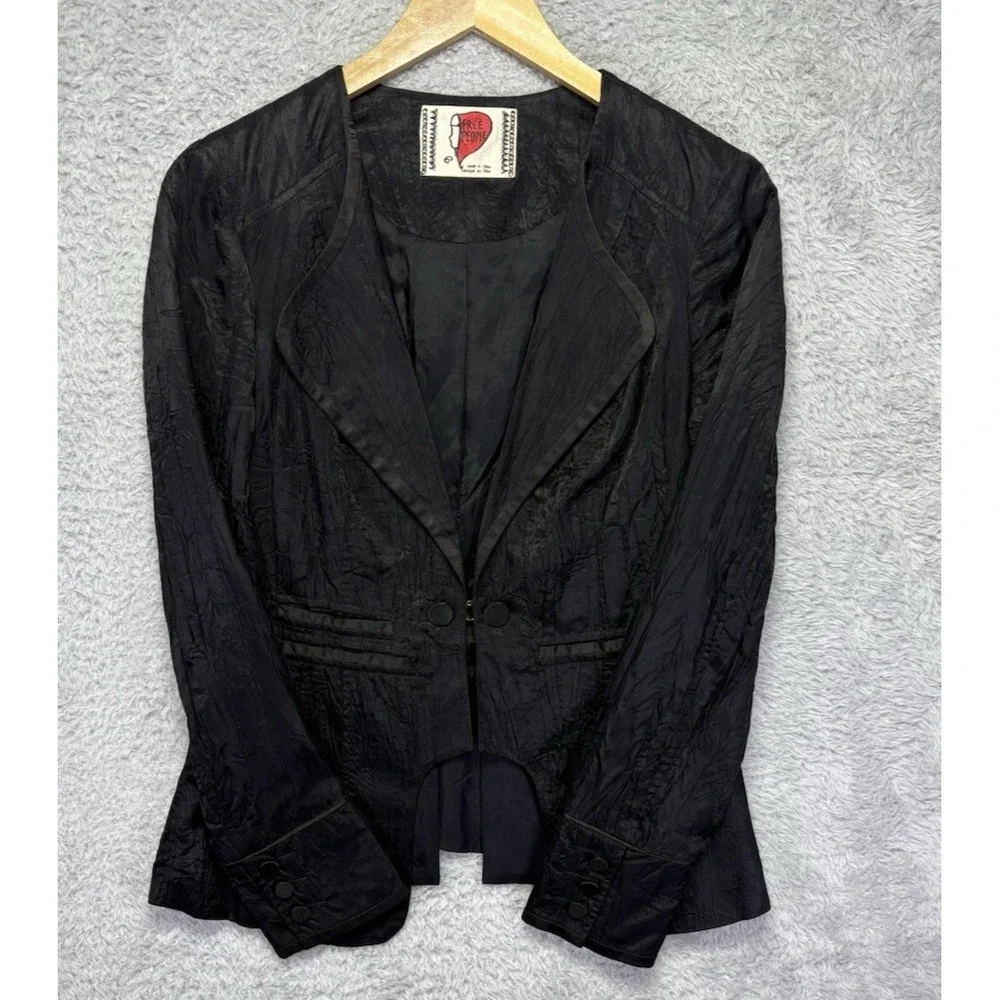 VTG Free People Satin Tuxedo Blazer Jacket Black Womens Sz 6 Boho Fairy Grunge